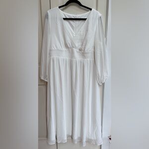 Ever Pretty White Midi Dress Sz 16 Smocked Waist Long Sleeve